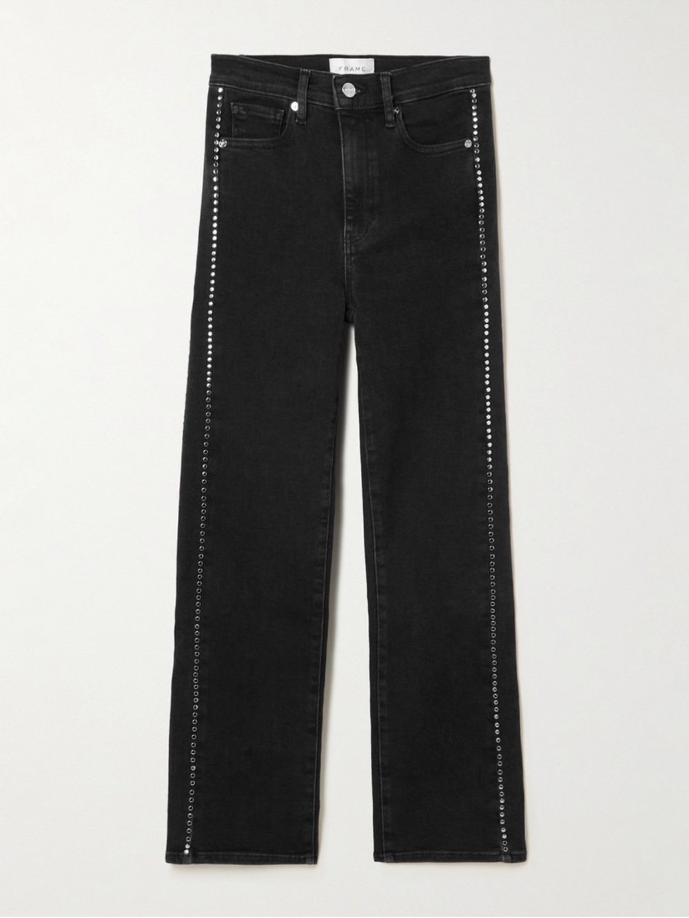 FRAME Black Stud-Trim Straight-Leg Jeans